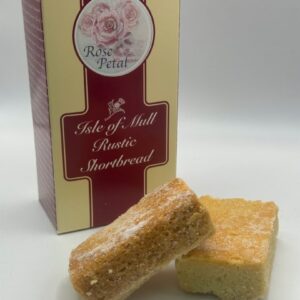 box of tobermory stores handmade rose petal shortbread with two delicious pieces of tobermory stores rose petal handmade shortbread in the foreground